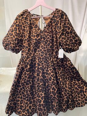 Time and Tru Leopard Print Puff Sleeve Mini Dress - Brown & Black